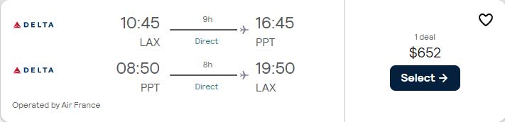 Non-stop flights from Los Angeles to Tahiti, French Polynesia for only $652 roundtrip with Delta Air Lines and Air France. Flight deal ticket image.