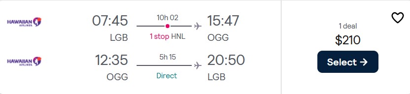 Click here to book this cheap flight deal. Cheap flights from Long Beach, California to Kahului, Hawaii for only $210 roundtrip with Hawaiian Airlines. Also works in reverse. Flight deal ticket image.