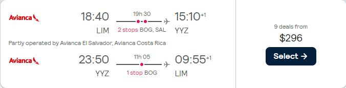 Cheap flights from Lima, Peru to Toronto, Canada for only $296 USD roundtrip with Avianca. Flight deal ticket image.