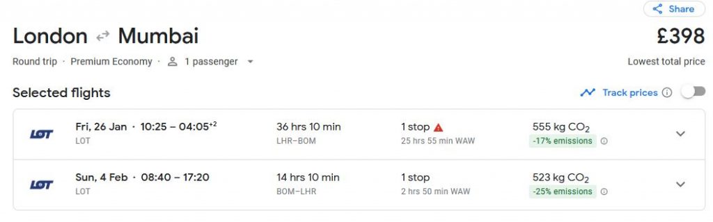Premium Economy flights from London, UK to Mumbai, India for only £398 roundtrip with LOT Polish Airlines. Flight deal ticket image.