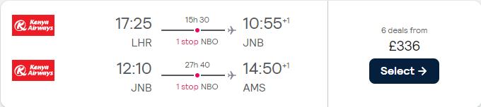 Click here to book this cheap flight deal. Open-jaw flights from London, UK to Johannesburg, South Africa returning to Amsterdam, Netherlands for only £336. Flight deal ticket image.