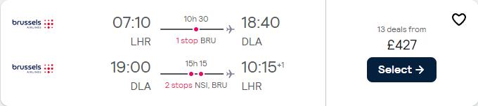 Cheap flights from UK cities to Douala or Yaounde, Cameroon from only £427 roundtrip with Brussels Airlines. Flight deal ticket image.