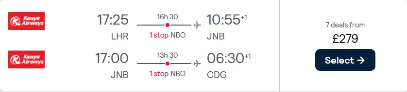 Click here to book this cheap flight deal. Open-jaw flights from London, UK to Johannesburg, South Africa returning to Paris, France for only £279. Flight deal ticket image.