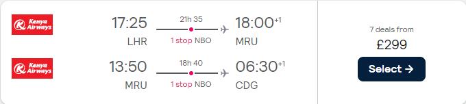 Click here to book this cheap flight deal. Open-jaw flights from London, UK to Mauritius returning to Paris, France for only £299. Flight deal ticket image.