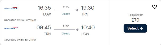 Non-stop flights from London, UK to Turin, Italy for only £70 roundtrip. Flight deal ticket image.