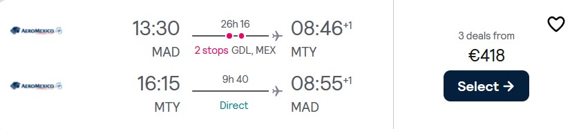 Click here to book this cheap flight deal. Cheap flights from Madrid, Spain to Monterrey or Guadalajara, Mexico from only €418 roundtrip with Aeromexico. Flight deal ticket image.