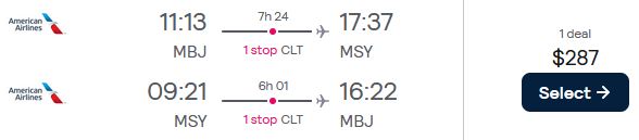 Cheap flights from Montego Bay, Jamaica to New Orleans, USA for only $287 USD roundtrip with American Airlines. Flight deal ticket image.