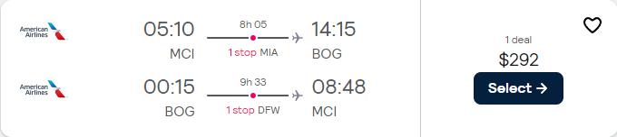 Click here to book this cheap flight deal. Cheap flights from Kansas City to Bogota, Colombia for only $292 roundtrip with American Airlines. Flight deal ticket image.