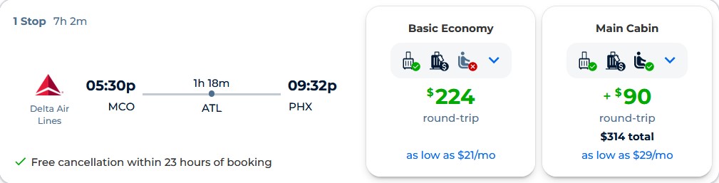 Cheap flights from Orlando, Florida to Phoenix, Arizona for only $224 roundtrip with Delta Air Lines. Also works in reverse. Flight deal ticket image.