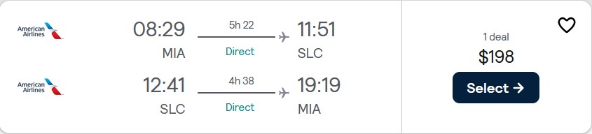 Non-stop flights from Miami to Salt Lake City, Utah for only $198 roundtrip with American Airlines. Also works in reverse. Flight deal ticket image.