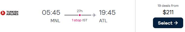 Error Fare flights from Manila, Philippines to Atlanta or Boston, USA from only $211 USD one-way with Turkish Airlines. Flight deal ticket image.