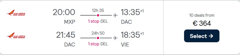 Open-jaw flights from Milan, Italy to Dhaka, Bangladesh returning to Vienna, Austria or Amsterdam, Netherlands from only €364 roundtrip. Flight deal ticket image.
