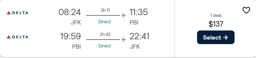 Non-stop flights from New York to West Palm Beach, Florida for only $137 roundtrip with Delta Air Lines. Also works in reverse. Flight deal ticket image.