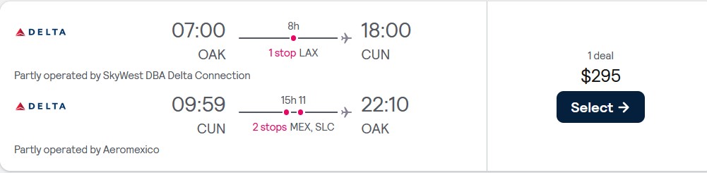 Cheap flights from Oakland, California to Cancun, Mexico for only $295 roundtrip with Delta Air Lines and Aeromexico. Flight deal ticket image.