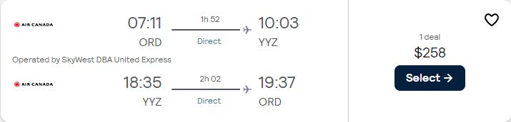 Non-stop flights from Chicago to Toronto or Calgary, Canada from only $258 roundtrip with Air Canada. Flight deal ticket image.
