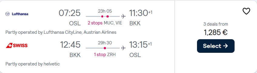Business Class flights from Oslo, Norway to Bangkok, Thailand for only €1285 roundtrip with Lufthansa, Austrian Airlines and Swiss International Air Lines. Flight deal ticket image.