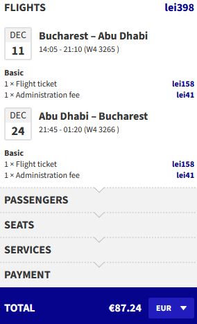 Non-stop flights from Bucharest, Romania to Abu Dhabi, UAE for only €87 roundtrip. Flight deal ticket image.