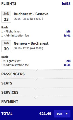 Non-stop flights from Bucharest, Romania to Geneva, Switzerland for only €21 roundtrip. Flight deal ticket image.