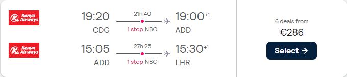 Click here to book this cheap flight deal. Open-jaw flights from Paris, France to Addis Ababa, Ethiopia returning to London, UK for only €286. Flight deal ticket image.
