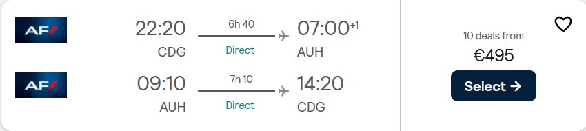 Premium Economy flights from Paris, France to Abu Dhabi, UAE for only €495 roundtrip with Air France. Flight deal ticket image.