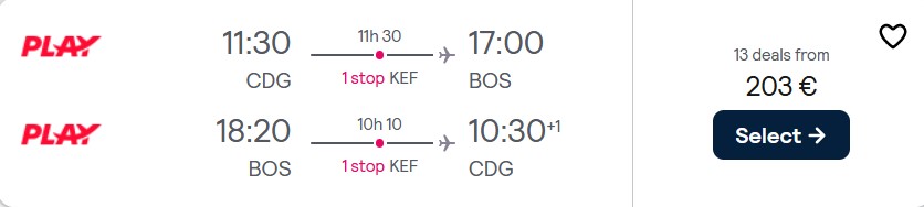 Click here to book this cheap flight deal. Cheap flights from European cities to Boston or New York, USA from only €203 roundtrip. Flight deal ticket image.