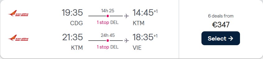 Open-jaw flights from Paris, France to Kathmandu, Nepal returning to Vienna, Austria for only €347. Flight deal ticket image.