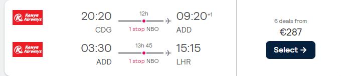 Click here to book this cheap flight deal. Open-jaw flights from Paris, France to Addis Ababa, Ethiopia returning to London, UK for only €286. Flight deal ticket image.