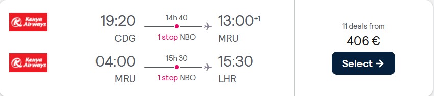 Open-jaw flights from Paris, France to Mauritius returning to London, UK for only €406. Flight deal ticket image.