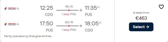 Cheap flights from Paris, France to Busan or Seoul, South Korea from only €463 roundtrip. Flight deal ticket image.