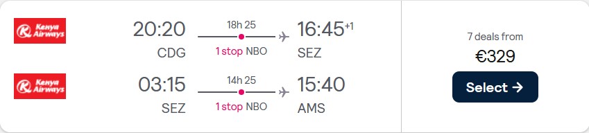 Open-jaw flights from Paris, France to the Seychelles returning to Amsterdam, Netherlands for only €329. Flight deal ticket image.