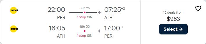 Cheap flights from Perth or Melbourne, Australia to Athens, Greece from only $963 AUD roundtrip. Flight deal ticket image.