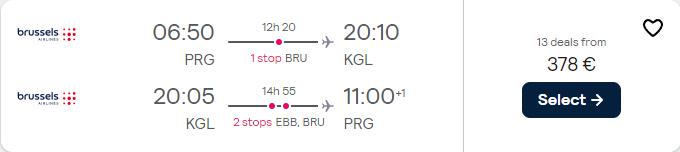 Cheap flights from Prague, Czech Republic to Kigali, Rwanda for only €378 roundtrip with Brussels Airlines. Flight deal ticket image.