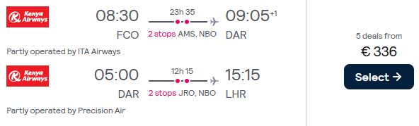 Open-jaw flights from Rome, Italy to Dar Es Salaam, Tanzania returning to London, UK for only €336. Flight deal ticket image.