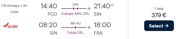 Open-jaw flights from Rome, Italy to Singapore returning to Frankfurt, Germany for only €379. Flight deal ticket image.