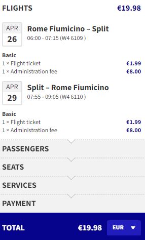 Non-stop flights from Rome, Italy to Split, Croatia for only €19 roundtrip. Flight deal ticket image.