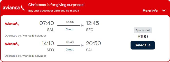 Non-stop, summer flights from San Salvador, El Salvador to San Francisco, USA for only $190 USD roundtrip with Avianca. Flight deal ticket image.