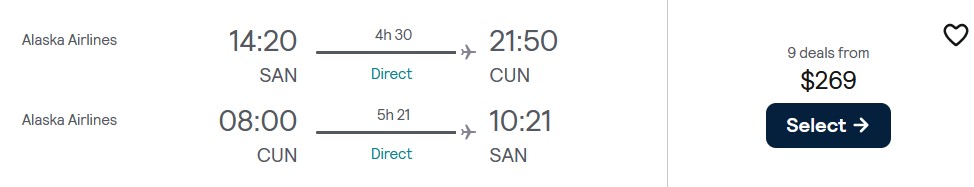 Non-stop flights from San Diego to Cancun, Mexico for only $269 roundtrip with Alaska Airlines. Flight deal ticket image.