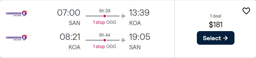 Cheap flights from San Diego to Kona, Hawaii for only $181 roundtrip with Hawaiian Airlines. Also works in reverse. Flight deal ticket image.