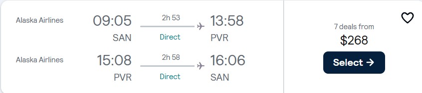 Click here to book this cheap flight deal. Non-stop flights from Western USA to Puerto Vallarta, Mexico from only $268 roundtrip with Alaska Airlines. Flight deal ticket image.
