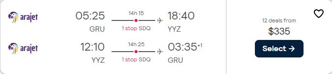 Cheap flights from Sao Paulo, Brazil to Toronto, Canada for only $335 USD roundtrip. Flight deal ticket image.