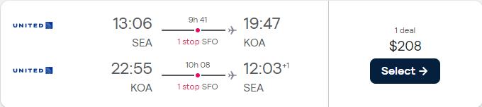 Cheap flights from Seattle to Kona, Hawaii for only $208 roundtrip with United Airlines. Also works in reverse. Flight deal ticket image.