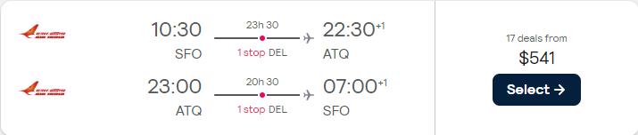 Cheap flights from San Francisco to Amritsar, India for only $541 roundtrip. Flight deal ticket image.