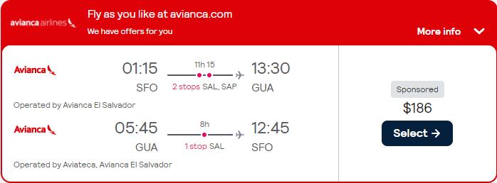 Summer flights from San Francisco to Guatemala City, Guatemala for only $186 roundtrip with Avianca. Flight deal ticket image.