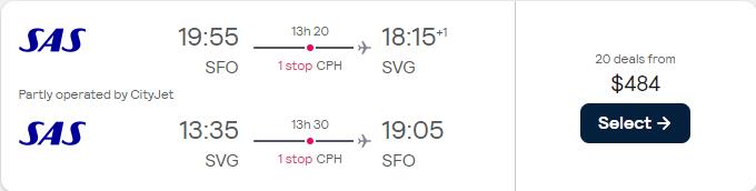 Cheap flights from San Francisco to Stavanger, Norway for only $484 roundtrip with Scandinavian Airlines. Flight deal ticket image.