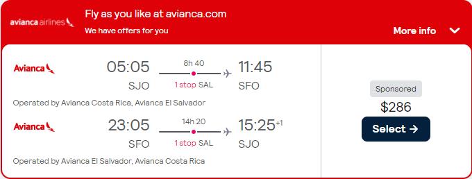 Cheap flights from San Jose, Costa Rica to San Francisco, USA for only $286 USD roundtrip with Avianca. Flight deal ticket image.