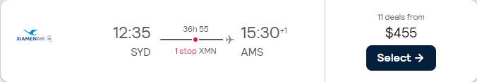 Cheap flights from Sydney, Australia to Amsterdam, Netherlands for only $455 AUD one-way with Xiamen Airlines. Flight deal ticket image.