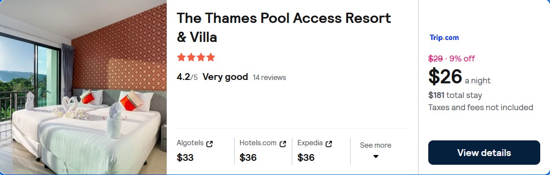 Stay at the 4* The Thames Pool Access Resort & Villa in Phuket, Thailand for only $26 USD per night over Christmas. Flight deal ticket image.