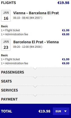 Non-stop flights from Vienna, Austria to Barcelona, Spain for only €19 roundtrip. Flight deal ticket image.