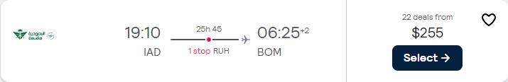 Last minute flights from Washington DC to Mumbai, India for only $255 one-way. Flight deal ticket image.