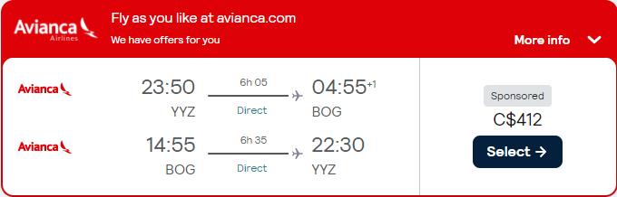 Cheap flights from Toronto, Canada to Colombian cities from only $412 CAD roundtrip with Avianca. Flight deal ticket image.